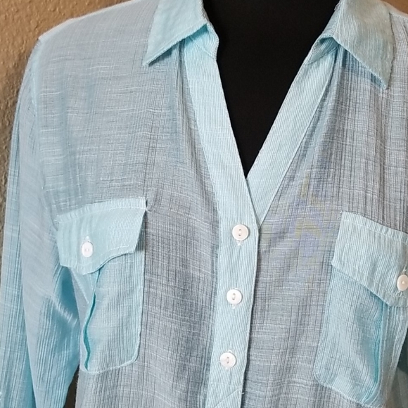 Chicos Button Front Long Sleeve Semi Sheer Blouse - Picture 2 of 6